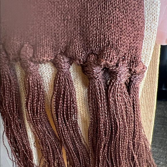 VINTAGE SCARF 80s Ombre 3-tone Tan Brown and Cream Knit Jersey w Fringe - Picture 8 of 15